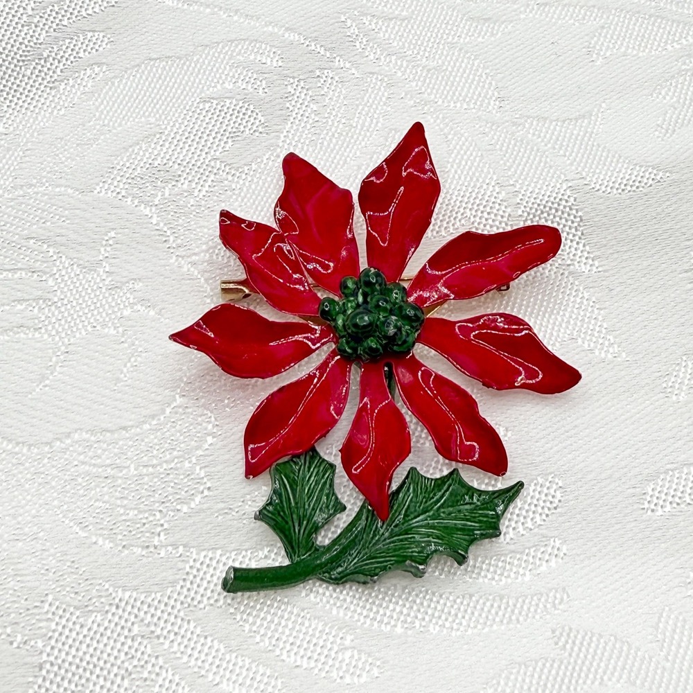 Vintage Metal Enamel Poinsettia or Sunflower Brooch Red Green Holiday